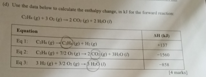 Use the data below to calculate the enthalpy change, in kJ for the forward reaction:
C_2H_4(g)+3O_2(g)to 2CO_2(g)+2H_2O(l)
marks]