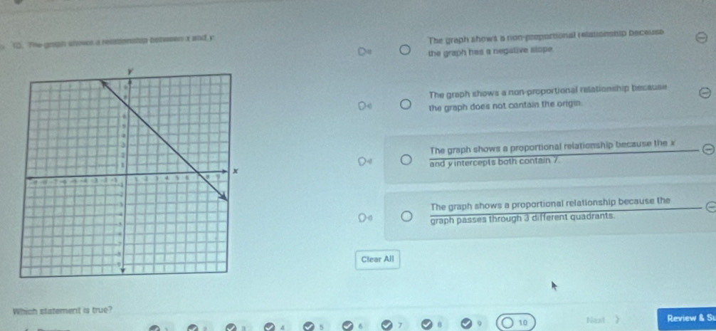 The grigh snovo a relationstop between x and y
The graph shows a non-proportional relasionship beceuse
the graph has a negative slope
The graph shows a non-proportional relationship because
the graph does not cantain the origin.
The graph shows a proportional relationship because the x
and y intercepts both contain 7
The graph shows a proportional relationship because the
graph passes through 3 different quadrants.
Clear All
Which statement is true?
10 Neast Review & Si