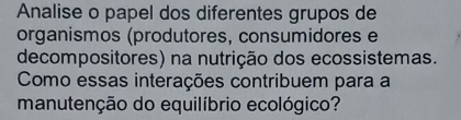 Analise o papel dos diferentes grupos de 
organismos (produtores, consumidores e 
decompositores) na nutrição dos ecossistemas. 
Como essas interações contribuem para a 
manutenção do equilíbrio ecológico?