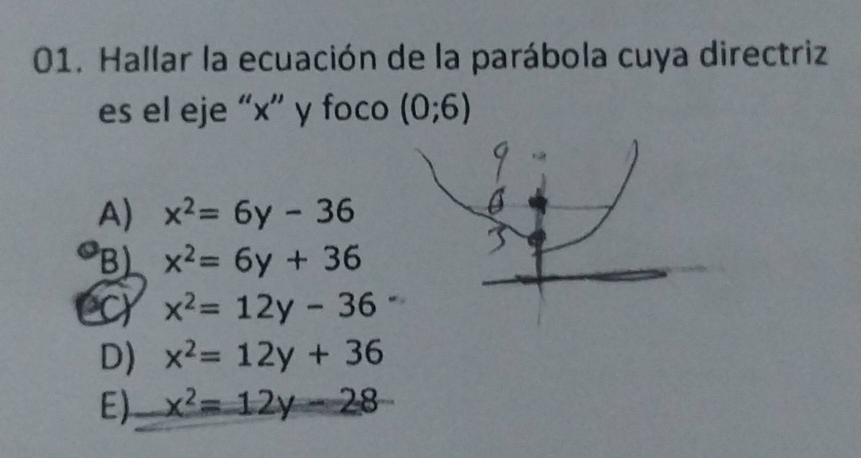 Hallar la ecuación de la parábola cuya directriz
es el eje “ x ” y foco (0;6)
A) x^2=6y-36
B) x^2=6y+36
CC x^2=12y-36
D) x^2=12y+36
E) x^2=12y-28