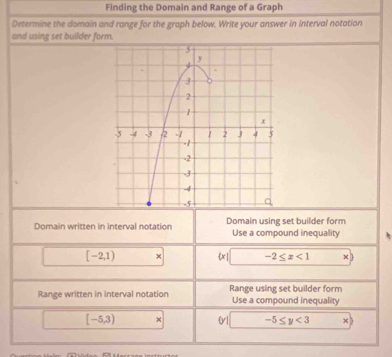 Finding the Domain and Range of a Graph 
Determine the domain and range for the graph below. Write your answer in interval notation 
and using set builder form. 
Domain written in interval notation Domain using set builder form 
Use a compound inequality
[-2,1) ×  x|□ -2≤ x<1</tex> * 
Range written in interval notation Range using set builder form 
Use a compound inequality
[-5,3) □  × v| □° -5≤ y<3</tex> * )