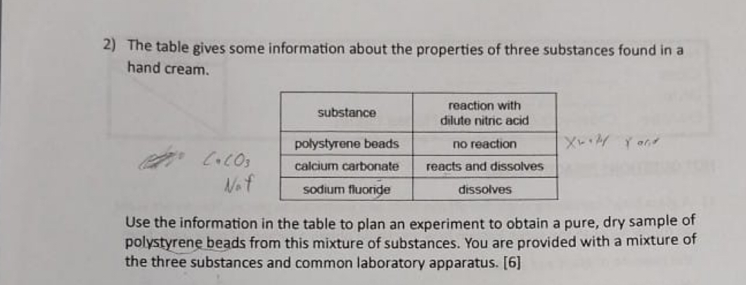 The table gives some information about the properties of three substances found in a 
hand cream. 
Use the information in the table to plan an experiment to obtain a pure, dry sample of 
polystyrene beads from this mixture of substances. You are provided with a mixture of 
the three substances and common laboratory apparatus. [6]