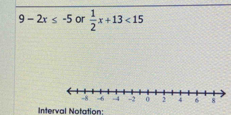 9-2x≤ -5 or  1/2 x+13<15</tex> 
Interval Notation: