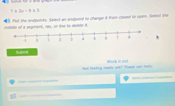 ) Solve for u and graph the
7≥ 2u-9≥ 5
Plot the endpoints. Select an endpoint to change it from closed to open. Select the 
middle of a segment, ray, or line to delete it. 
Submit 
Work it out 
Not feeling ready yet? These can help: 
Ctapls ic rept Unveg t Sove compeed meqpslites
