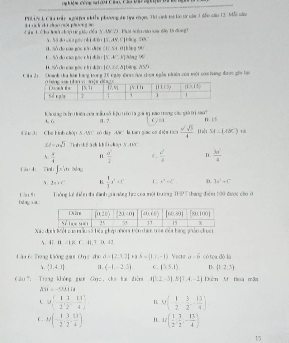 nghiệm đóng sai (04 Câu). Câu trặc nghiệm 17à lời ngàn
PHẢN I. Cầu trấc nghiệm nhiều phương án lựa chọn, Thi sinh trà lới từ câu 1 đến câu 12. Mỗi câu
thì sinh chỉ chọn một phương ân
Cân T. Cho hình chóp tử giác đều S ABCD. Phát biểu nào sau đây là đùng?
A. Sở đo của góc nhị điện [S, A#,C] bằng SBC
B. Số đo của góc nhị diện [D. S4. B]bằng 90°
C. Số đo của góc nhị điện [S, AC, # bằng 90°.
D. Số đo của góc nhị diện [D. SA, B]bằng BSD
Cấu 21   Doanh thu bán hàng trong 20 ngày được lựa chọn ngẫu nhiên của một cứa hàng được gii lại
Khoáng biển thiên cứa mẫu số liệu trên là giá trị nào trong các giá trị sau?
A. 6. B. 7 C/ 10 D. 15
Cầu 3: Cho hình chóp S ABC có đây ABC là tam giác có điện tích  a^2sqrt(3)/4  Biết SA⊥ (ABC)va
SA=asqrt(3) Tính thể tích khổi chóp S.ABC
A.  a/4   a^3/2  C.  a^3/4  D.  3a^3/4 
B.
Câu 4: Tính ∈t x^2dx bắng
A. 2x+C B.  1/3 x^3+C C. x^3+C. D. 3x^3+C
Câu 5: Thổng kê điểm thi đánh giá năng lực của một trường THPT thang điễm 100 được cho ở
báng sau
Xác định Mỗt của mẫu số liệu ghép nhóm trên (làm tròn đến hàng phần chục)
A. 41 B. 41,8. C. 41, 7 D. 42
Câu 6: Trong không gian Oxyz cho vector a=(2,3,2) và vector b=(1.1,-1) Vecto vector a-vector b có tọa độ là
A. (3:4:1) B. (-1,-2:3). C. (3,5,1) D. (1,2,3)
Cầu 7： Trong không gian Oxy= , cho hai điểm A(1:2,-3),B(7,4,-2) Điểm M thoa mãn
vector BM=-5vector MAla
A. M(- 1/2 , 3/2 ,- 13/4 ). M(- 1/2 ,- 3/2 ,- 13/4 ).
B.
C. M(- 1/2 , 3/2 , 13/4 ). M( 1/2 , 3/2 ,- 13/4 ).
D.
15