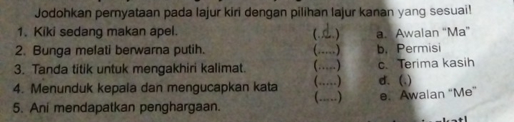 Jodohkan pernyataan pada lajur kiri dengan pilihan lajur kanan yang sesuai!
1. Kiki sedang makan apel. C _.) a. Awalan “Ma”
2. Bunga melati berwarna putih. C_ ) b. Permisi
3. Tanda titik untuk mengakhiri kalimat. _……) c. Terima kasih
4. Menunduk kepala dan mengucapkan kata C_ …) d. (.)
C
5. Ani mendapatkan penghargaan. _e. Awalan “Me”