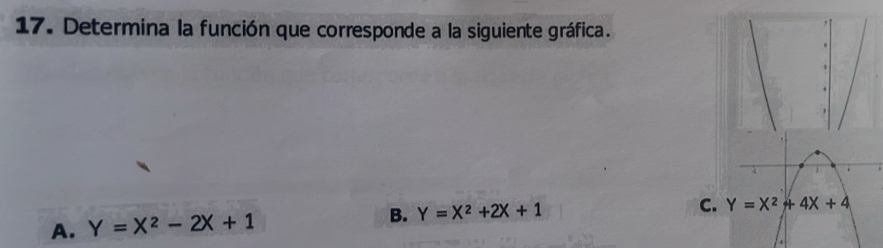 Determina la función que corresponde a la siguiente gráfica.
A. Y=X^2-2X+1
B. Y=X^2+2X+1