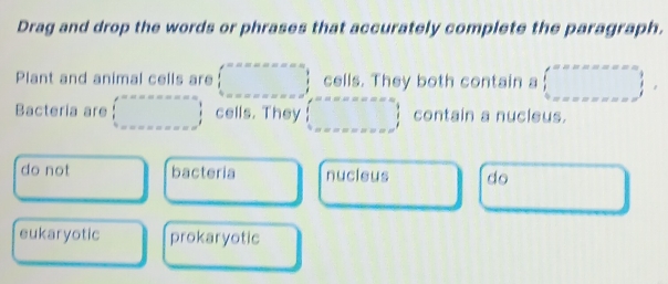 Drag and drop the words or phrases that accurately complete the paragraph.
Plant and animal cells are □ cells. They both contain a □^(sec x-x=x-3) 1&x=x+x=x^4endarray. , 
Bacteria are (beginarrayr a-x-a-x=an (_ )endarray cells. They  ..□  (_ _ _ _ endarray contain a nucleus.
do not bacteria nucleus do □  
eukaryotic prokaryotic