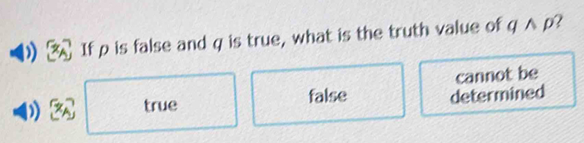 If ρ is false and q is true, what is the truth value of q ∧ p?
cannot be
determined
I
true false