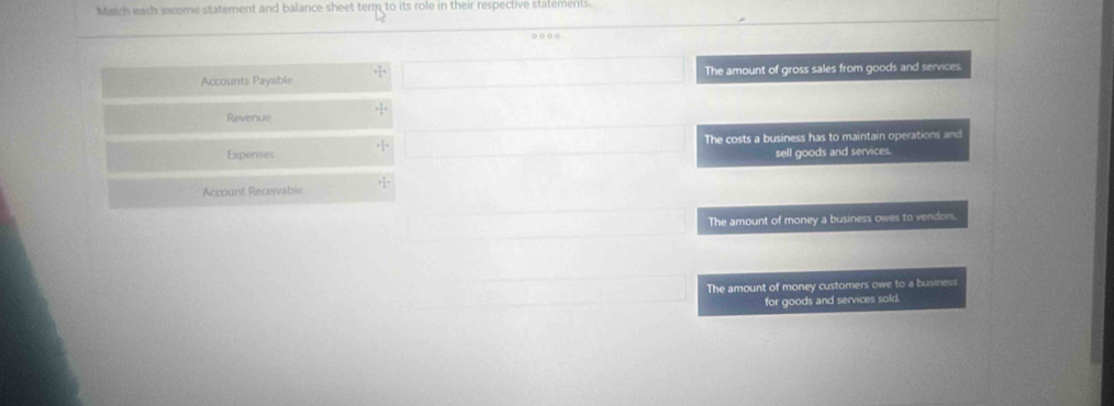 Match each income statement and balance sheet term to its role in their respective statements
Accounts Payable + 7/4 + The amount of gross sales from goods and services.
Revenue +frac 7^(4
+frac 9)4= The costs a business has to maintain operations and
Expenses sell goods and services.
Account Receivable = □ /2 
The amount of money a business owes to vendors.
The amount of money customers owe to a business
for goods and services sold.