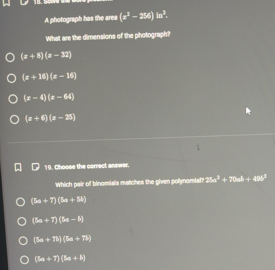 Solved: Solve the wor A photograph has the area (x^2-256)in^2. What are ...