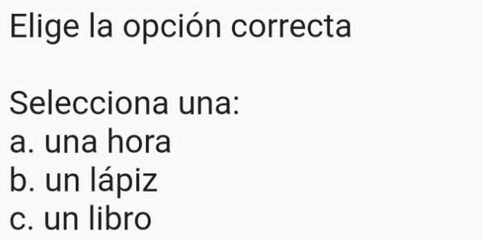 Elige la opción correcta
Selecciona una:
a. una hora
b. un lápiz
c. un libro