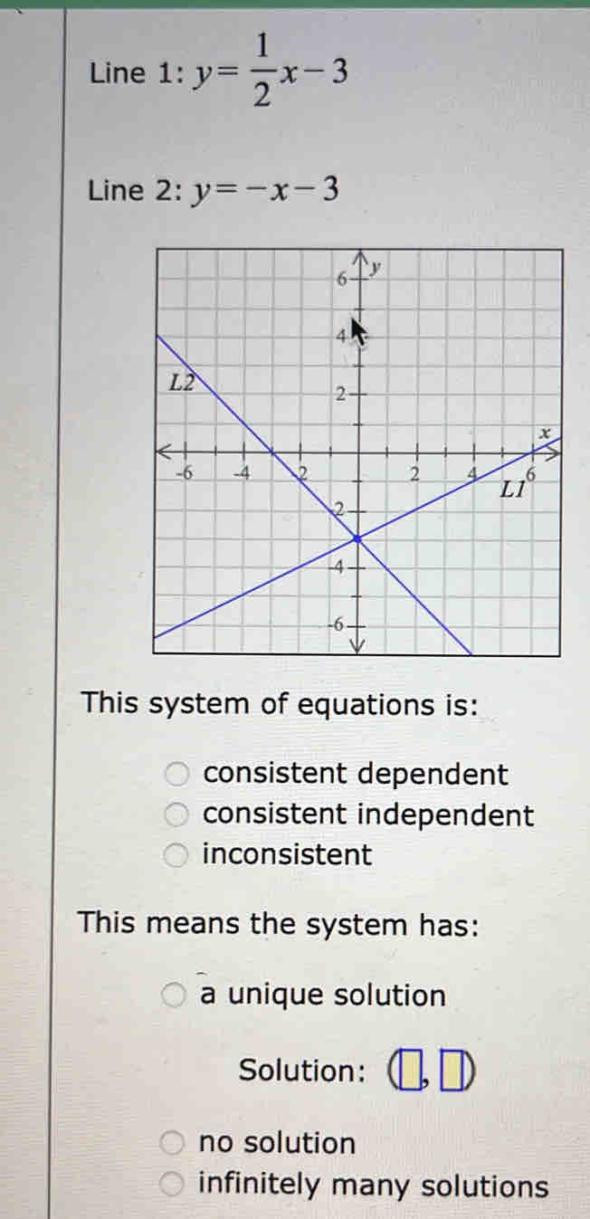 Line 1: y= 1/2 x-3
Line 2: y=-x-3
This system of equations is:
consistent dependent
consistent independent
inconsistent
This means the system has:
a unique solution
Solution:
no solution
infinitely many solutions