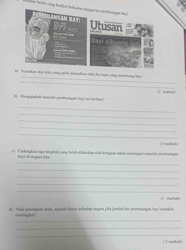 Keratan berita yang berik 
_ 
a) Nyatakan dua nilai yang perlu diamalkan oleh ibu bapa yang membuang bayi. 
_ 
(2 markah) 
b) Mengapakah masalah pembuangan bayi ini berlaku? 
_ 
_ 
_ 
_ 
_ 
(3 markah) 
c) Cadangkan tiga langkah yang boleh dilakukan oleh kerajaan untuk menangani masalah pembuangan 
bayi di negara kita. 
_ 
_ 
_ 
_ 
_ 
(3 markah) 
d) Pada pendapata anda, apakah kesan terhadap negara jika jumlah kes pembuangan bayi semakin 
meningkat? 
_ 
_ 
_ 
( 2 markah)