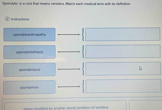 Solved: Spondylo- is a root that means vertebra. Match each medical ...