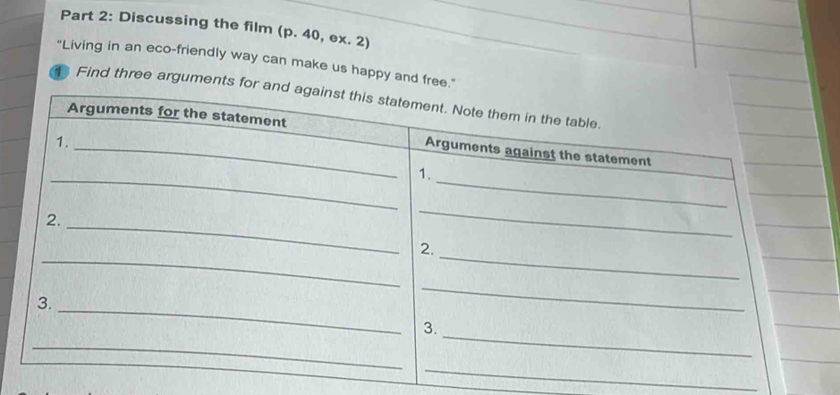 Discussing the film (p. 40, ex. 2) 
"Living in an eco-friendly way can make us happy and fre 
4 Find three arguments 
_