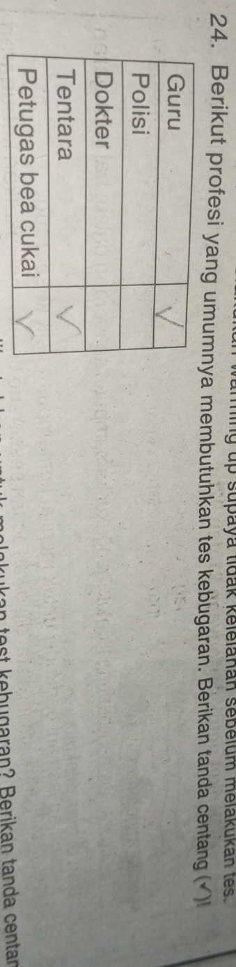 ming up supaya lidak kelelanan sebelum melakukan tes. 
24. Berikut profesi yang umumnya membutuhkan tes kebugaran. Berikan tanda centang (√)! 
b u garan ? B erikan tanda centar