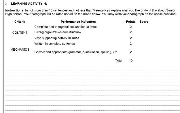 LEARNING ACTIVITY 4: 
Instructions: In not more than 10 sentences and not less than 5 sentences explain what you like or don't like about Senior 
High School. Your paragraph will be rated based on the rubric below. You may write your paragraph on the space provided. 
Criteria Performance Indicators Points Score 
Complete and thoughtful explanation of ideas 2 
CONTENT Strong organization and structure 2 
Vivid supporting details included 2 
Written in complete sentence 2 
MECHANICS Correct and appropriate grammar, punctuation, spelling, etc. 2 
Total 10 
_ 
_ 
_ 
_ 
_ 
_ 
_ 
_ 
_