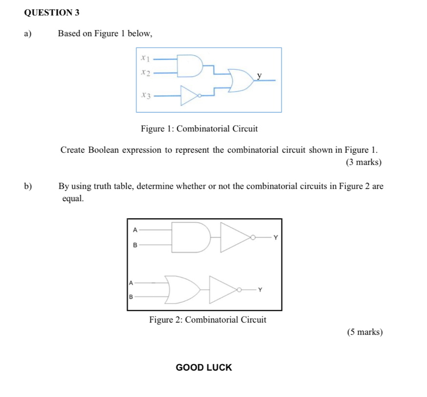 Based on Figure 1 below,
Figure 1: Combinatorial Circuit
Create Boolean expression to represent the combinatorial circuit shown in Figure 1.
(3 marks)
b) By using truth table, determine whether or not the combinatorial circuits in Figure 2 are
equal.
(5 marks)
GOOD LUCK