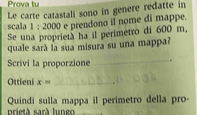 Prova tu 
Le carte catastali sono in genere redatte in 
scala 1 : 2000 e prendono il nome di mappe. 
Se una proprieta ha il perimetro di 600 m, 
quale sarà la sua misura su una mappa? 
Scrivi la proporzione 
_ 
Ottieni x= _ 
Quindi sulla mappa il perimetro della pro- 
prietá sará lungo