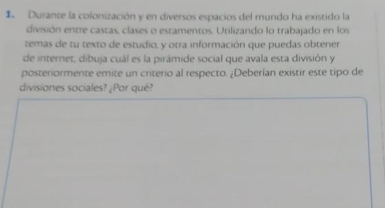 Durante la colonización y en diversos espacios del mundo ha existido la 
división entre castas, clases o estamentos. Utilizando lo trabajado en los 
temas de tu texto de estudio, y otra información que puedas obtener 
de internet, dibuja cuál es la pirámide social que avala esta división y 
posteriormente emite un criterio al respecto. ¿Deberían existir este tipo de 
divisiones sociales? ¿Por qué?