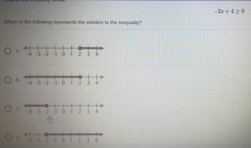 -2x+4≥ 0
Which of the following represents the solution to the inequality?