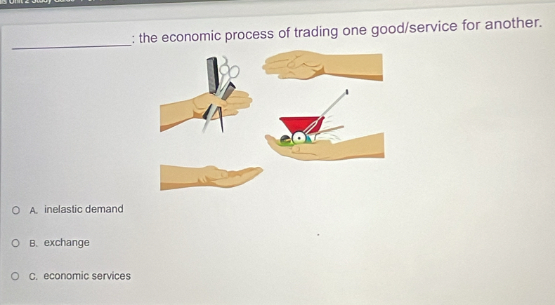 the economic process of trading one good/service for another.
A. inelastic demand
B. exchange
C. economic services