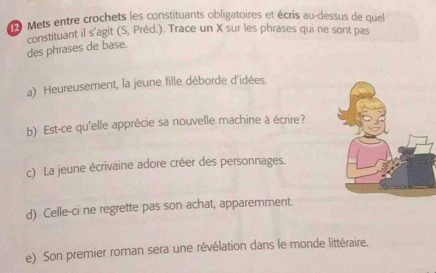 Mets entre crochets les constituants obligatoires et écris au-dessus de quel 
constituant il s'agit (S, Préd.). Trace un X sur les phrases qui ne sont pas 
des phrases de base. 
a) Heureusement, la jeune fille déborde d'idées. 
b) Est-ce qu'elle apprécie sa nouvelle machine à écrire? 
c) La jeune écrivaine adore créer des personnages. 
d) Celle-ci ne regrette pas son achat, apparemment. 
e) Son premier roman sera une révélation dans le monde littéraire.