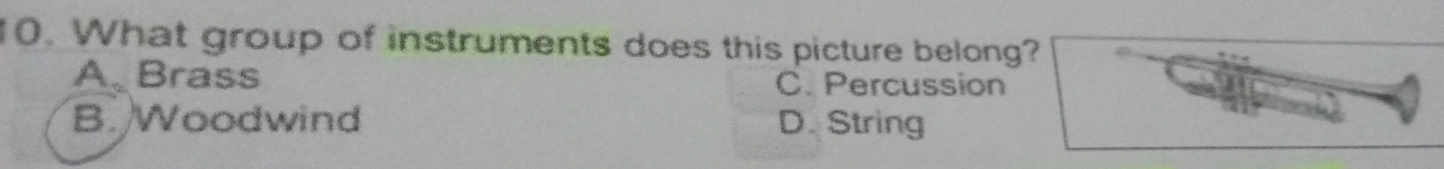 What group of instruments does this picture belong?
A. Brass C. Percussion
B. Woodwind D. String