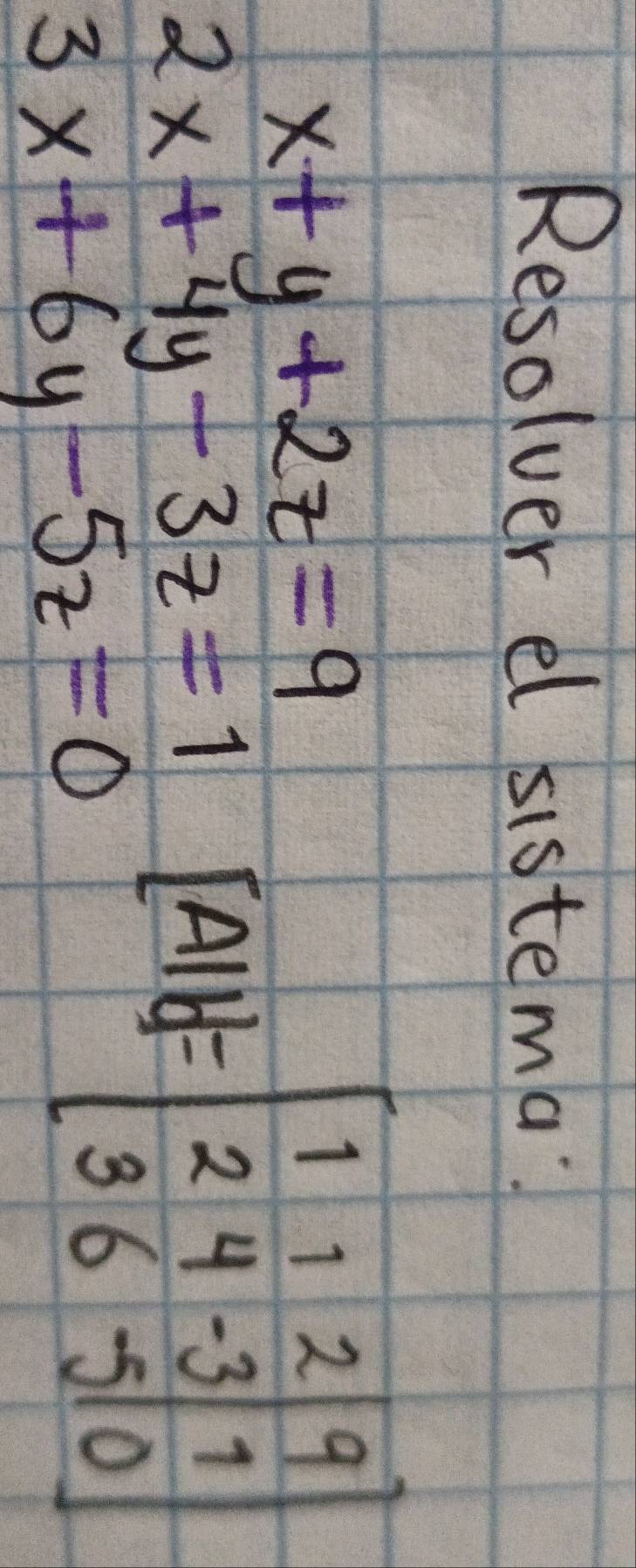 Resolver el sistema
x+y+2z=9
3x+6y-5z=0
2x+4y-3z=1