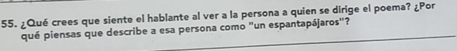 ¿Qué crees que siente el hablante al ver a la persona a quien se dirige el poema? ¿Por 
qué piensas que describe a esa persona como "un espantapájaros"?