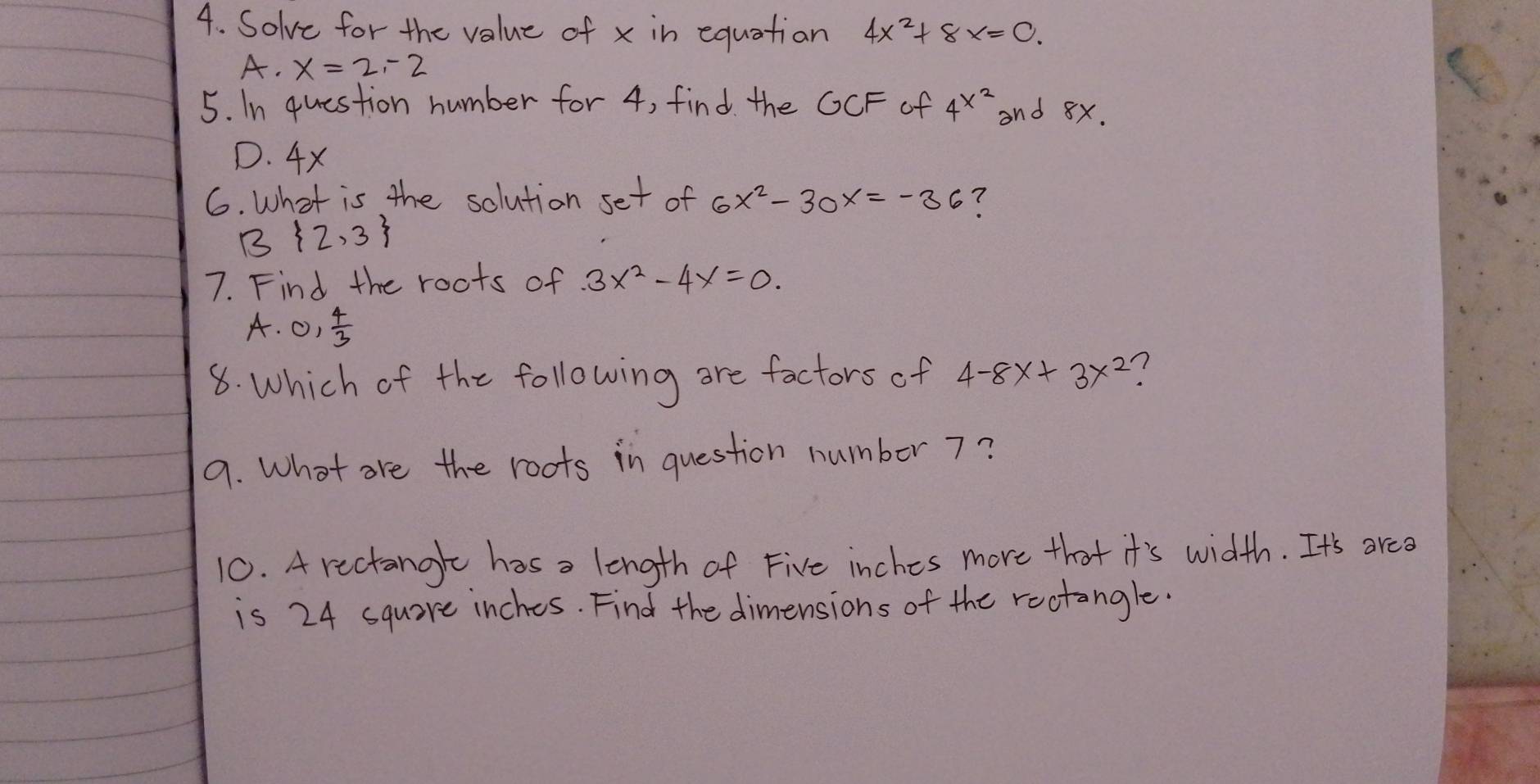 Solved: Solve for the value of x in equation 4x^2+8x=0. A. x=2,-2 5. In ...