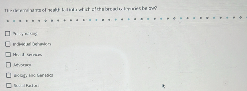 The determinants of health fall into which of the broad categories below?
Policymaking
Individual Behaviors
Health Services
Advocacy
Biology and Genetics
Social Factors