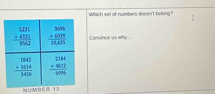 Which set of numbers doesn't belong?
Convince us why...
NUM