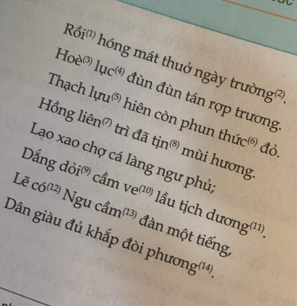 Rồi'' hóng mát thuở ngày trườ g^((2,)
Hoe^((3))1uc^((4)) đùn đùn tán rợp trương 
Thạch luru^((5)) hiên còn phun t 
Hồnx glien^((7)) trì đã tin^((8)) mùi hương.
hurc^((6)) đỏ. 
Lao xao chợ cá làng ngư phủ 
Dắng d, oi^((9)) cầm ve^((10)) lầu tịch dương(11)
Loverline ec6^((12)) Ngu chat am^((13)) đàn một tiếng, 
Dân giàu đủ khắp đòi phươ g^((14)).