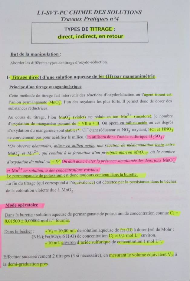 Résolu :L1-SVT-PC CHIMIE DES SOLUTIONS Travaux Pratiques n°4 TYPES DE ...