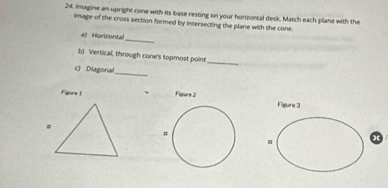 Imagine an upright cone with its base resting on your horizontal desk. Match each plane with the 
image of the cross section formed by intersecting the plane with the cone. 
a) Horizontal 
_ 
b) Vertical, through cone's topmost point 
_ 
c) Diagonal 
_ 
Figure 1 Figure 2 
Figure 3 
# 
X