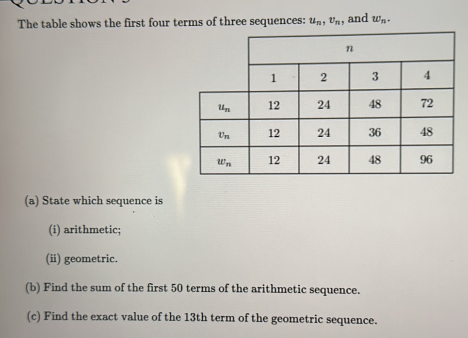 The table shows the first four terms of three sequences: u_n,v_n , and w_n.
(a) State which sequence is
(i) arithmetic;
(ii) geometric.
(b) Find the sum of the first 50 terms of the arithmetic sequence.
(c) Find the exact value of the 13th term of the geometric sequence.