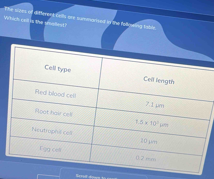 Solved: The sizes of different cells are summarised in the following ...