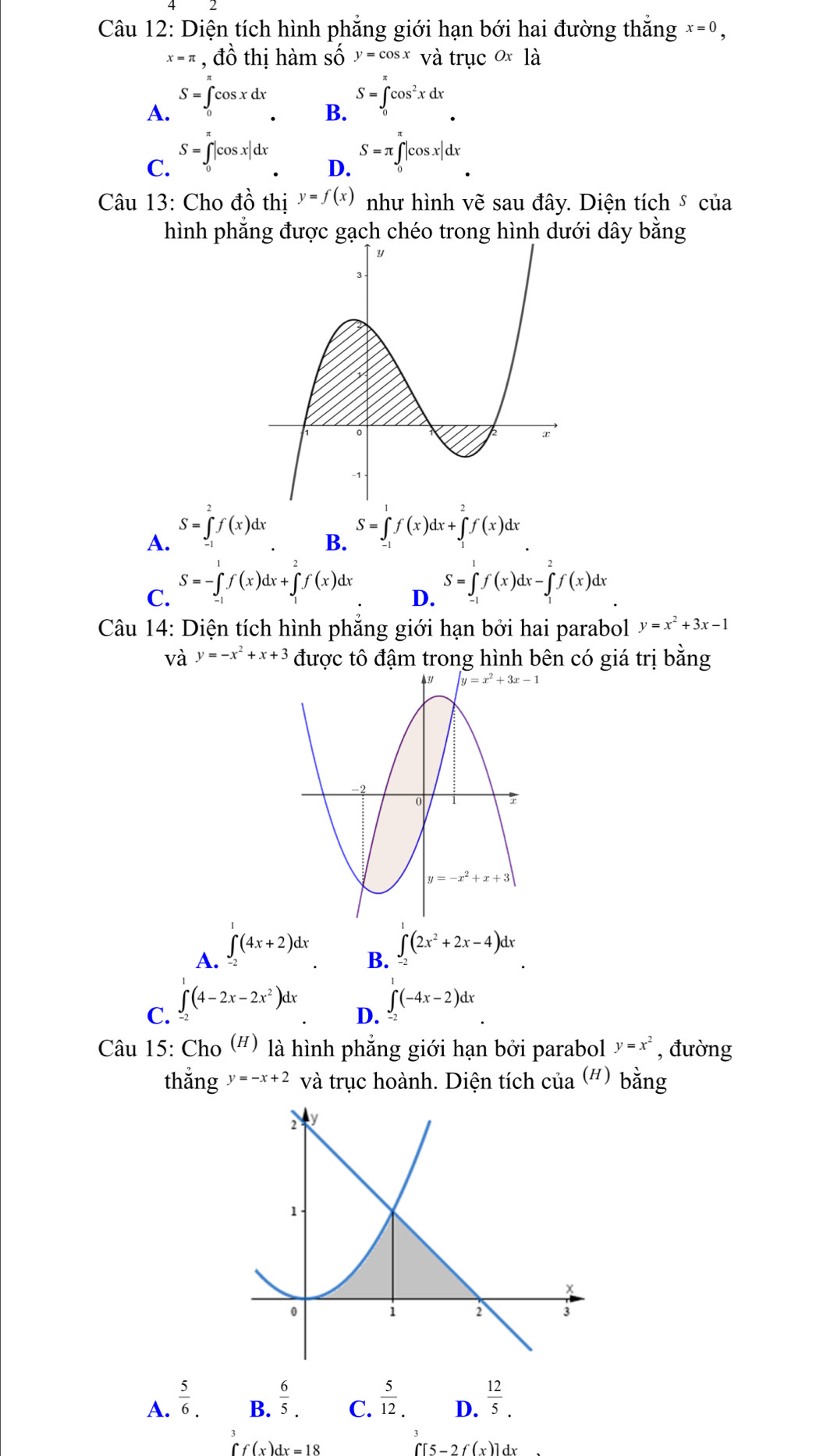 Diện tích hình phẳng giới hạn bới hai đường thắng x=0
x=π , đồ thị hàm số y=cos x và trục cOx1 a
A. S=∈tlimits _0^(xcos xdx
B. S=∈tlimits _0^(π)cos ^2)xdx
C. S=∈tlimits _0^((π)|cos x|dx
D. S=π ∈tlimits _0^(π)|cos x|dx
Câu 13: Cho đồ thị y=f(x) như hình vẽ sau đây. Diện tích ⑤ của
hình phẳng được gạch chéo trong hình dưới dây bằng
A. S=∈tlimits _(-1)^2f(x)dx
B. S=∈tlimits _(-1)^1f(x)dx+∈tlimits _1^2f(x)dx
C. S=-∈tlimits _0^1f(x)dx+∈tlimits _1^2f(x)dx
D. S=∈tlimits _(-1)^1f(x)dx-∈tlimits _1^2f(x)dx
Câu 14: Diện tích hình phẳng giới hạn bởi hai parabol y=x^2)+3x-1
và y=-x^2+x+3 được tô đậm trong hình bên có giá trị bằng
A. ∈tlimits _(-2)^+(4x+2)dx
B. ∈tlimits _(-2)^1(2x^2+2x-4)dx
C. ∈tlimits _(-2)^1(4-2x-2x^2)dx ∈tlimits _(-2)^1(-4x-2)dx
D.
Câu 15: Cho (") là hình phẳng giới hạn bởi parabol y=x^2 , đường
thắng y=-x+2 và trục hoành. Diện tích của (') bằng
A.  5/6 .  6/5 .  5/12 . D.  12/5 .
B. C.
∈t f(x)dx=18
∈t [5-2f(x)]dx