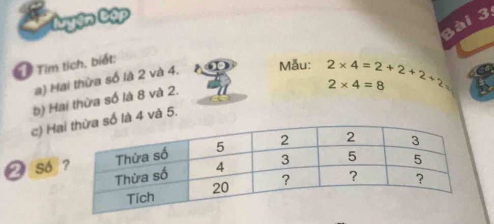 Nuyện Cập 
3ài 3. 
Từ Tìm tích. biết: 
a) Hai thừa số là 2 và 4. 
Mẫu: 2* 4=2+2+2+2=
b) Hai thừa số là 8 và 2.
2* 4=8
c) Haà 4 và 5. 
2 so