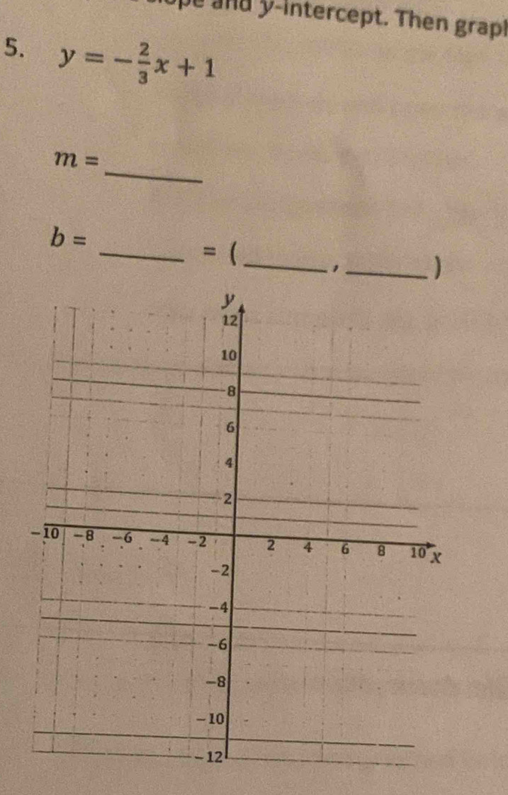 ope and y -intercept. Then grap! 
5. y=- 2/3 x+1
_
m=
b=
_=_ 
_,