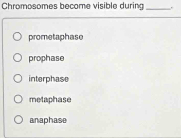 Chromosomes become visible during _.
prometaphase
prophase
interphase
metaphase
anaphase