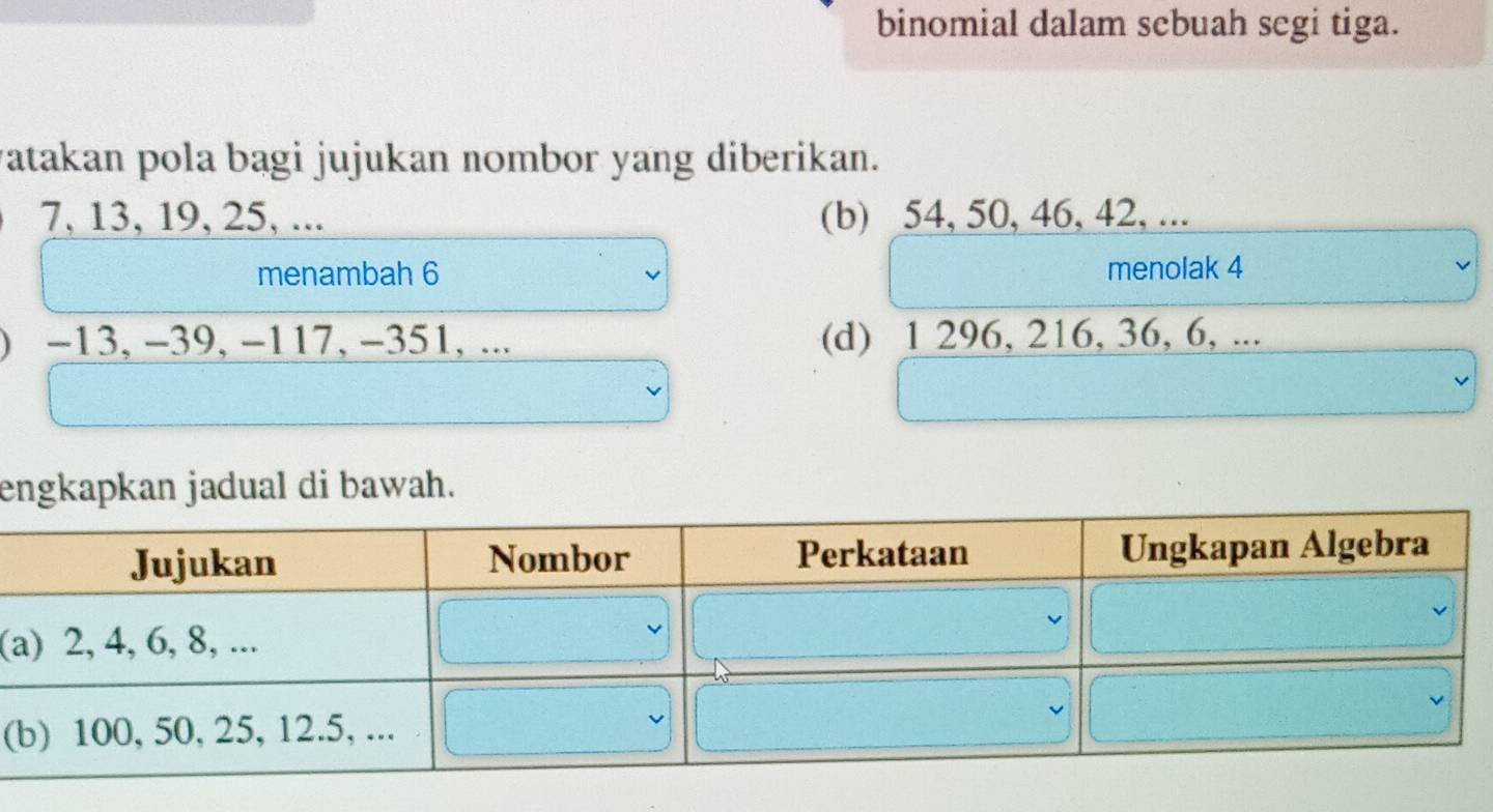 binomial dalam sebuah segi tiga. 
vatakan pola bagi jujukan nombor yang diberikan.
7, 13, 19, 25, ... (b) 54, 50, 46, 42, ... 
menambah 6 menolak 4
−13, −39, −117, −351, ... (d) 1 296, 216, 36, 6, ... 
engkapkan jadual di bawah. 
( 
(