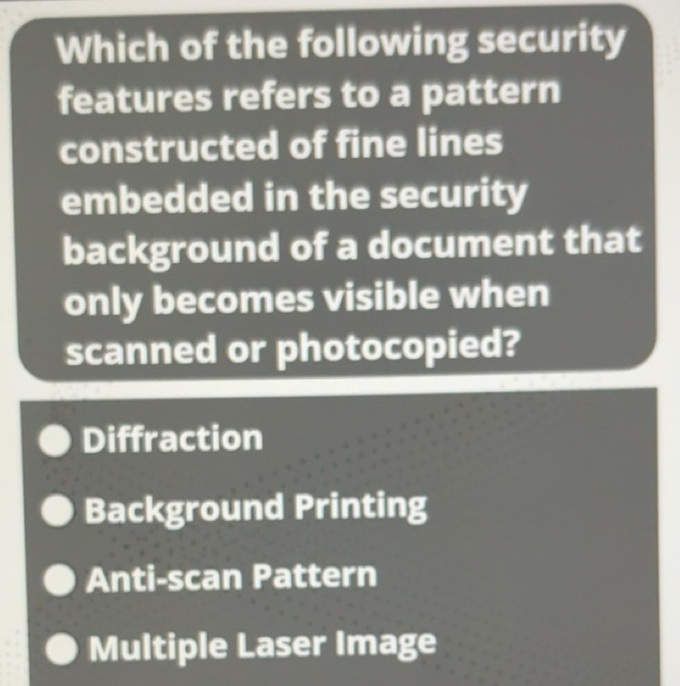 Solved: Which of the following security features refers to a pattern ...