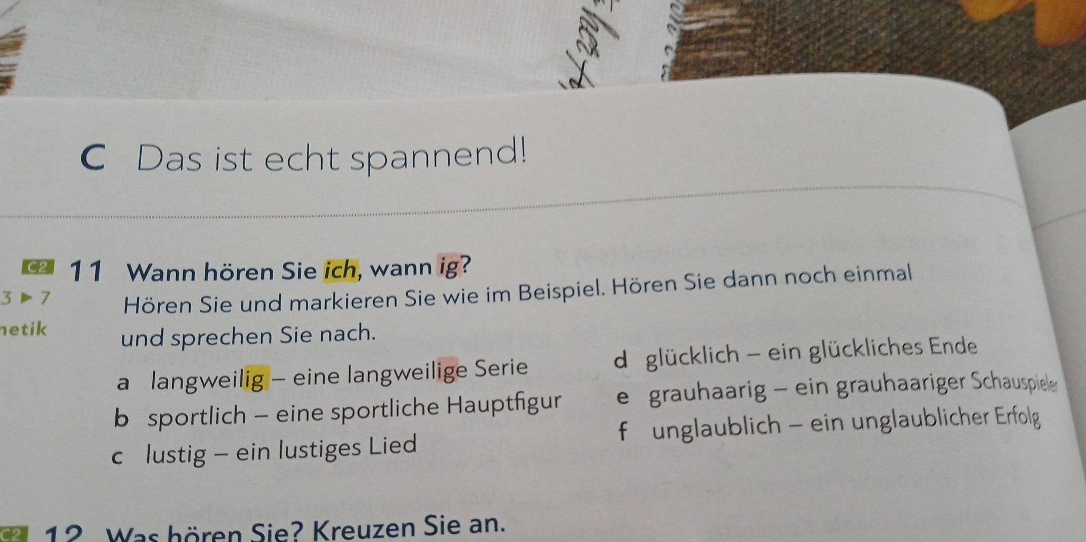 Das ist echt spannend!
C2 11 Wann hören Sie ich, wann ig?
3 i 7
Hören Sie und markieren Sie wie im Beispiel. Hören Sie dann noch einmal
netik
und sprechen Sie nach.
a langweilig - eine langweilige Serie diglücklich - ein glückliches Ende
b sportlich - eine sportliche Hauptfigur e grauhaarig - ein grauhaariger Schauspieler
c lustig - ein lustiges Lied f unglaublich - ein unglaublicher Erfolg
2 12. Was hören Sie? Kreuzen Sie an.