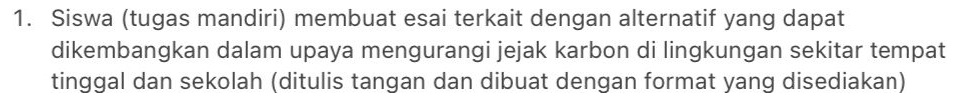 Siswa (tugas mandiri) membuat esai terkait dengan alternatif yang dapat 
dikembangkan dalam upaya mengurangi jejak karbon di lingkungan sekitar tempat 
tinggal dan sekolah (ditulis tangan dan dibuat dengan format yang disediakan)