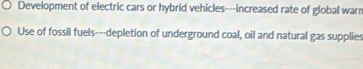 Development of electric cars or hybrid vehicles---increased rate of global warn 
Use of fossil fuels---depletion of underground coal, oil and natural gas supplies