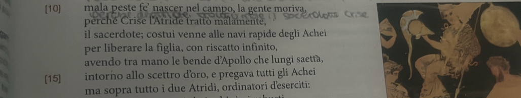 [10] mala peste fe’ nascer nel campo, la gente moriva, 
perché Crise l'Atride trattò malamente, 
il sacerdote; costui venne alle navi rapide degli Achei 
per liberare la figlia, con riscatto infinito, 
avendo tra mano le bende d'Apollo che lungi saettà, 
[15] intorno allo scettro dồro, e pregava tutti gli Achei 
ma sopra tutto i due Atridi, ordinatori deserciti: