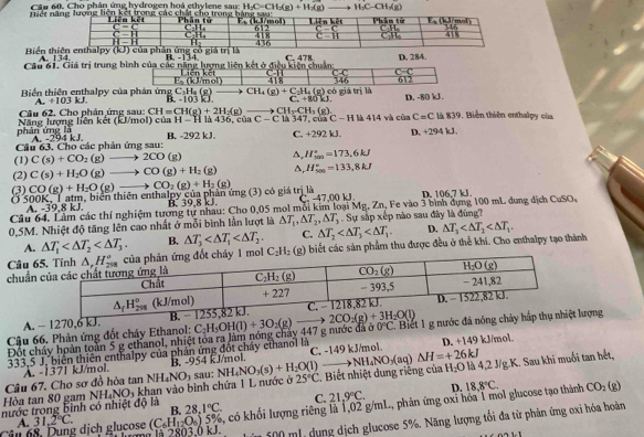 Cho phân ứng hydrogen hoá ethylene sau: H_2C=CH_2(g)+H_2(g) H_1C-C AB)
niệt n
Biển t
A. 134 11,-134
Câu 61, Giá trị trung bình của các năng lượng liên kết ở điều kiện chuẩn C 478 D. 284.
Lienket C=11 C-C C-C
E_b(kJ/mol)
612
Biến thiên enthalpy của phản ứng C_3H_4(g) CH_4(g)+C_2H_4(g)c6 418 346 giá trì là D. -80 kJ .
A. +103kJ. B.-103kJ C.+80kJ.
Câu 62. Cho phân ứng sau: CH=CH(g)+2H_2(g) CH_2-CH_3(g).
Năng lượng liên kết (kJ/mol) của
phản ứng là H-H là 436, của C-C1 à 347. của C-H là 414 và caaC=C là 839. Biển thiên enthalpy của
-294kJ.
Cầu 63. Cho các phản ứng sau: B. -292 kJ C. +292 kJ. D. +294 kJ.
(1) C(s)+CO_2(g)to 2CO(g) A, H_(500)°=173,6kJ
(2) C(s)+H_2O(g)to CO(g)+H_2(g) A, H_(500)°=133,8kJ
(3)
Ở 500K, T atm, biển thiên enthalpy của phân ứng (3) có giảá t CO(g)+H_2O(g)to CO_2(g)+H_2(g) B. 39.8 kJ n là D. 106.7 kJ.
C.-47,00kJ
Câu 64, Làm các thí nghiệm tương tự nhau: Cho 0,05 mol mỗi kim loại Mg, Zn, Fe vào 3 bình dụng 100 mL dung dịch CuSO.
A.-39  k|
0,5M. Nhiệt độ tăng lên cao nhất ở mỗi bình lần lượt là △ T_1,△ T_2,△ T_3. Sự sắp xếp nào sau đây là đùng?
A. △ T_1 B. △ T_3 C. △ T_2 D. △ T_3
chuẩn (g) biết các sản phẩm thu được đều ở thể khí. Cho enthalpy tạo thành
Câu 6
A. − 1270,6 kJ.
Cậu 66. Phản ứng đốt cháy Ethanol: C_2H_5OH(l)+3O_2(g)to 2CO_2(g)+3H_2O(l) 14°
333.5 J. biên thiên enthalpy của phản ứng đót chấy ethanol là 7 g nước đ á ở 0°C Biết 1 g nước đá lượng
D. +149 kJ/mol.
Đột cháy hoàn toàn 5 g ethanol, nhiệt tóa ra làm nóng chây
Câu 67. Cho sơ đồ hòa tan A. -1371 kJ/mol. B. -954 kJ/mol. C. 149 kJ/mol
nước trong bình có nhiệt độ là NH_4NO_3 khan vào bình chứa 1 L nước ở NH_4NO_3 sau: NH_4NO_3(s)+H_2O(l)to NH_4NO_3(aq)△ H=+26kJ 25°C. Biết nhiệt dung riêng của H_2O là 4,2 J/g.K. Sau khi muối tan hết,
D.
Hòa tan 80 gam C. 21.9°C. 18.8°C. CO_2(g)
R 8.1°C.
Câu 68, Dụng dịch glucose 31.2°C. (C_6H_12O_6) 0kJ 5%, có khối lượng riêng là 1,02 g/mL, phản ứng oxỉ hoa 1 mol glucose tạo thành
lớm 100 mL, dụng dịch glucose 5%. Năng lượng tối đa từ phản ứng oxi hóa hoàn
A.